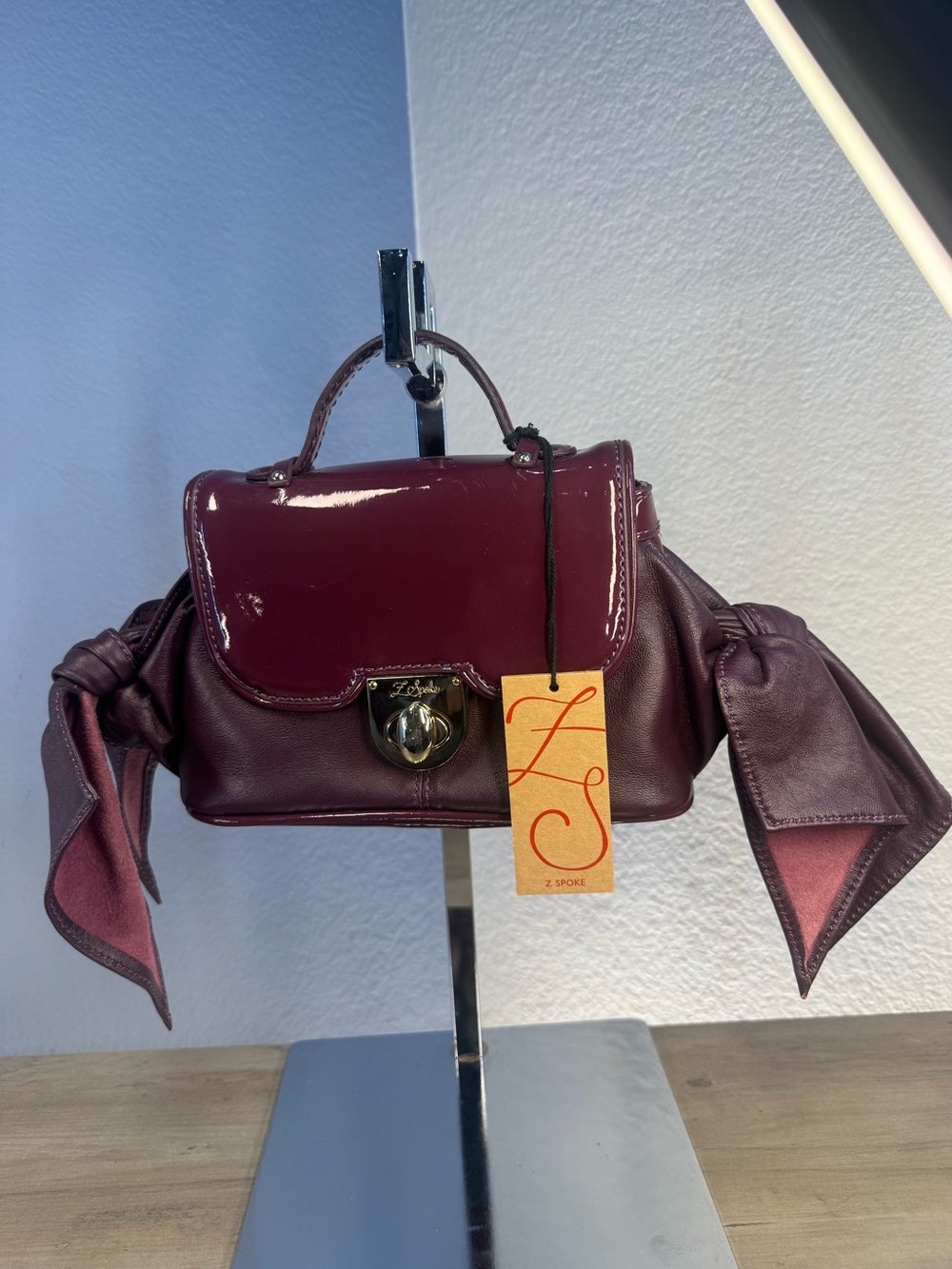 Z Spoke Zac Posen ZAC SAC Mini Plum Leather Patent Bow Crossbody NWT